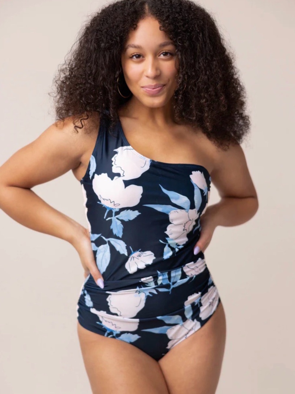 NWT Nani Cascade One Piece One Shoulder Swimsuit in Midnight Floral blue pink